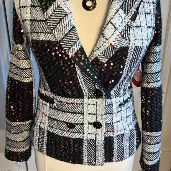 Gorgeous NWT Eva Franco Women's Black and White Sequined Tweed Jacket Lined - Picture 1 of 15